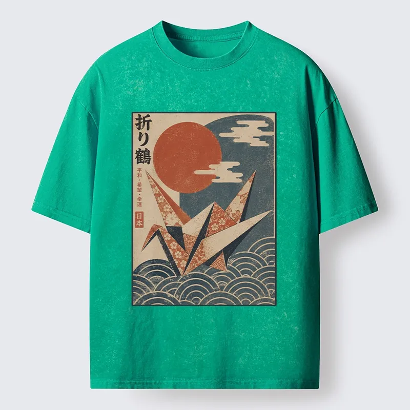 Tokyo-Tiger Japanese Origami Crane Vintage Print Washed T-Shirt