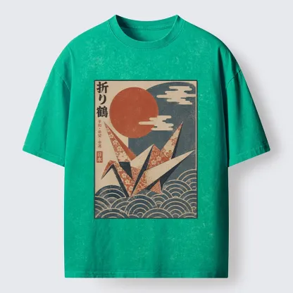 Tokyo-Tiger Japanese Origami Crane Vintage Print Washed T-Shirt