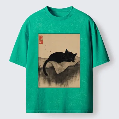 Tokyo-Tiger Sleeping Black Cat In Ink Wash Style Washed T-Shirt