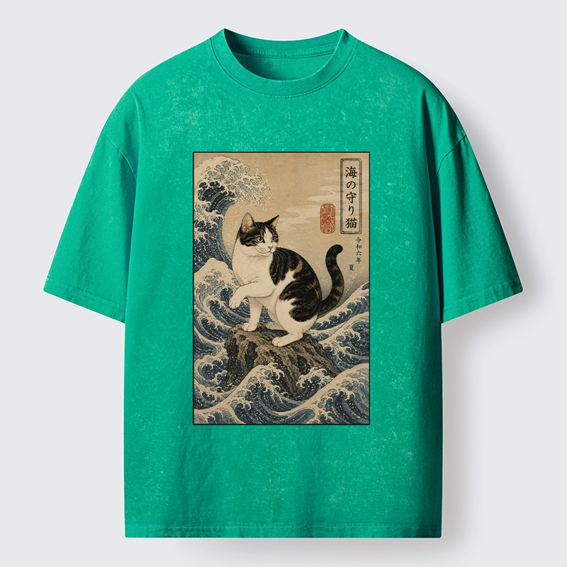 Tokyo-Tiger Sea Guardian Cat In Great Wave Art Washed T-Shirt