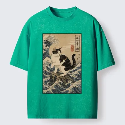 Tokyo-Tiger Sea Guardian Cat In Great Wave Art Washed T-Shirt