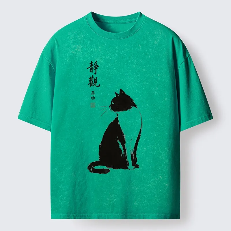 Tokyo-Tiger Calm Black And White Cat Washed T-Shirt