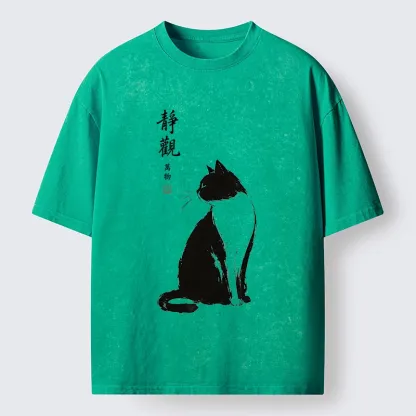 Tokyo-Tiger Calm Black And White Cat Washed T-Shirt