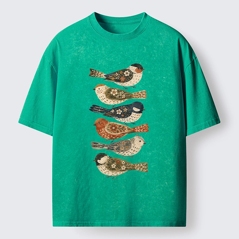 Tokyo-Tiger Colorful Folk Birds In Earthy Tones Washed T-Shirt
