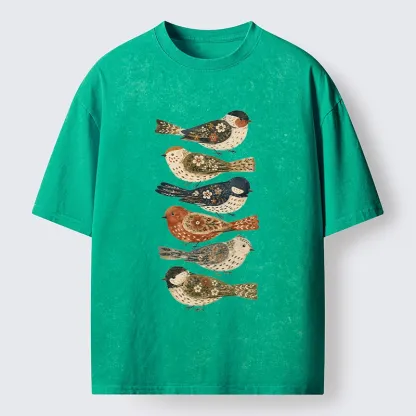 Tokyo-Tiger Colorful Folk Birds In Earthy Tones Washed T-Shirt