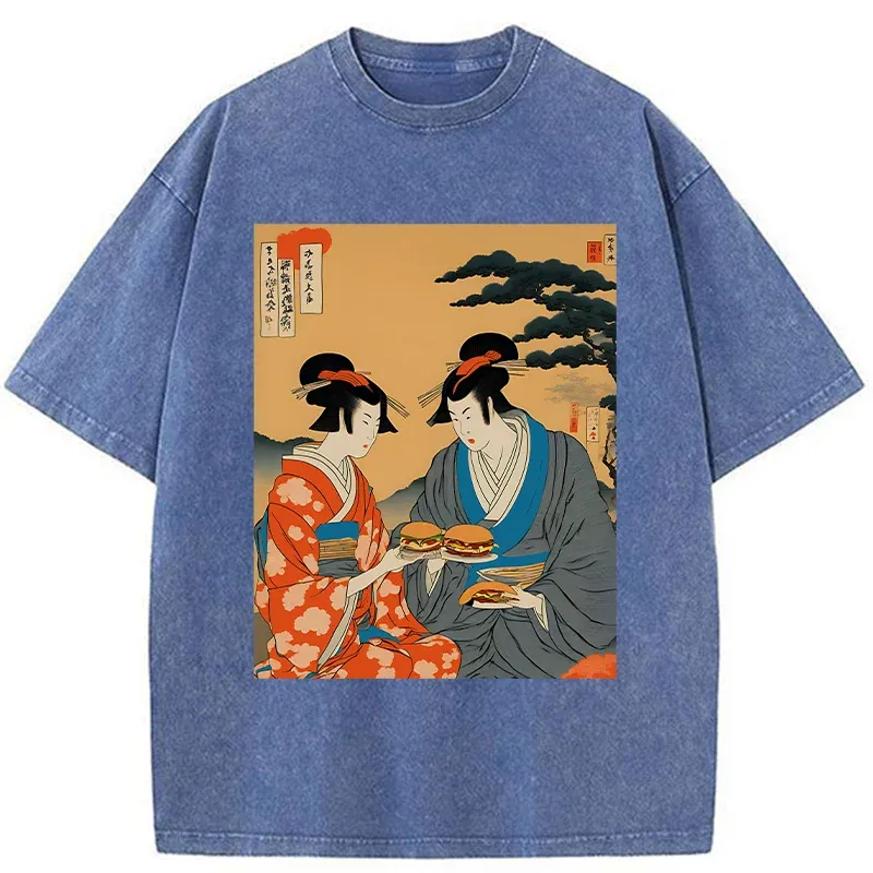 Tokyo-Tiger Geisha Eating Burgers Washed T-Shirt