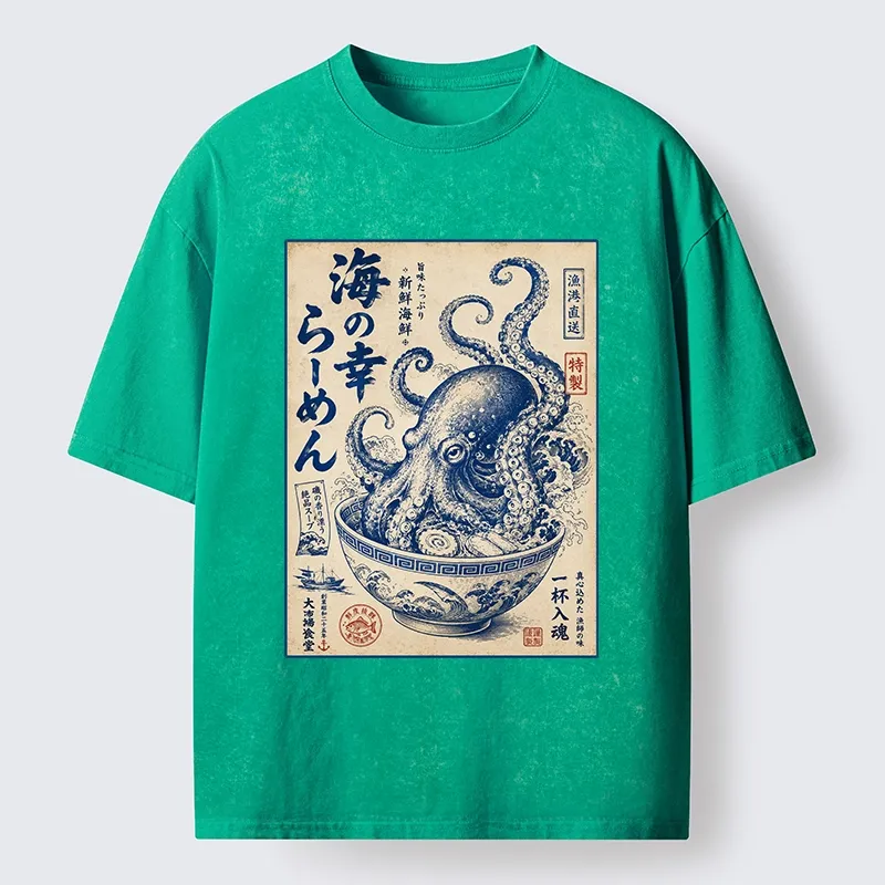 Tokyo-Tiger Vintage Octopus Ramen Japanese Poster Washed T-Shirt
