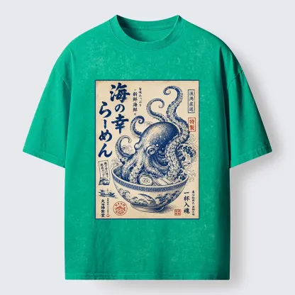 Tokyo-Tiger Vintage Octopus Ramen Japanese Poster Washed T-Shirt