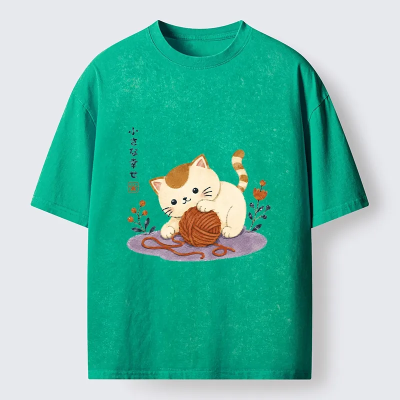 Tokyo-Tiger Cute Watercolor Cat Playing With Yarn Washed T-Shirt
