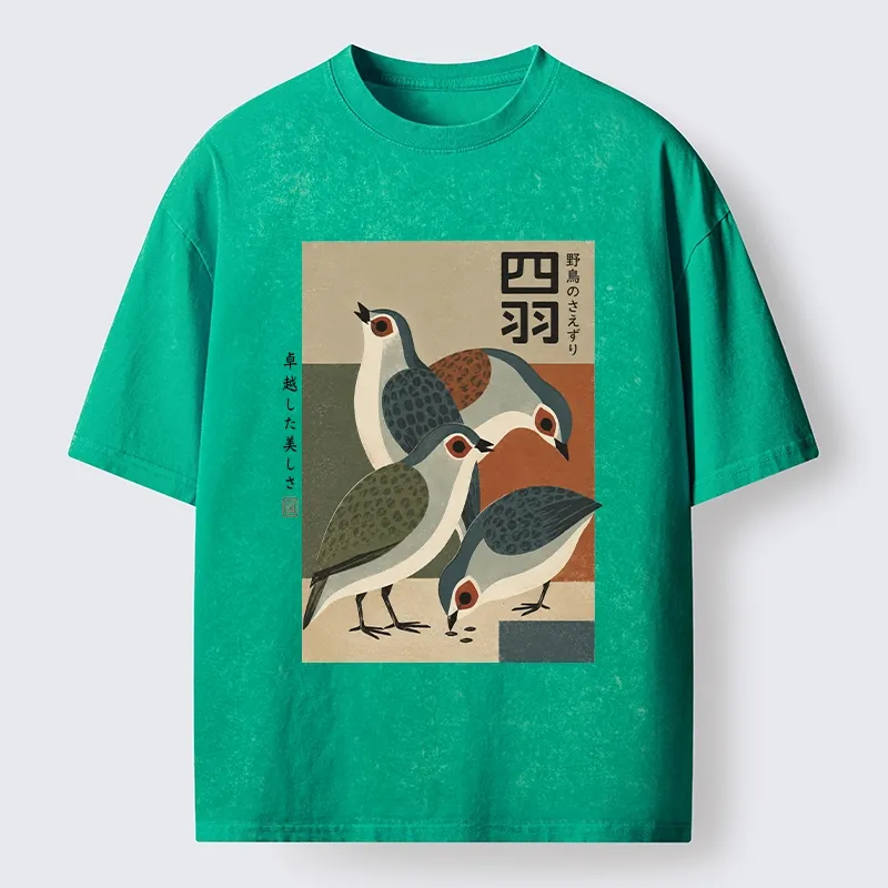 Tokyo-Tiger Four Birds In Vintage Japanese Style Washed T-Shirt Sale