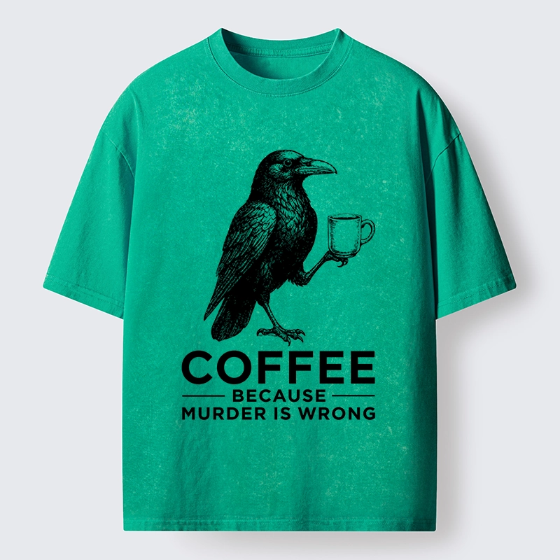 Tokyo-Tiger Raven Holding Coffee Life Mood Washed T-Shirt