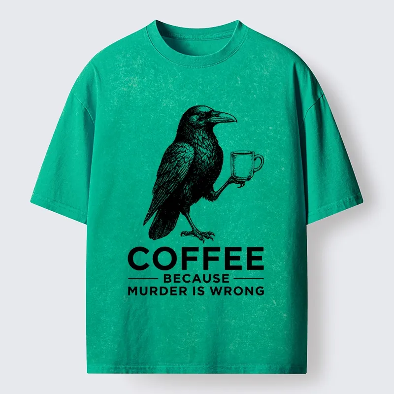 Tokyo-Tiger Raven Holding Coffee Life Mood Washed T-Shirt