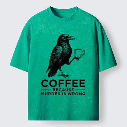 Tokyo-Tiger Raven Holding Coffee Life Mood Washed T-Shirt