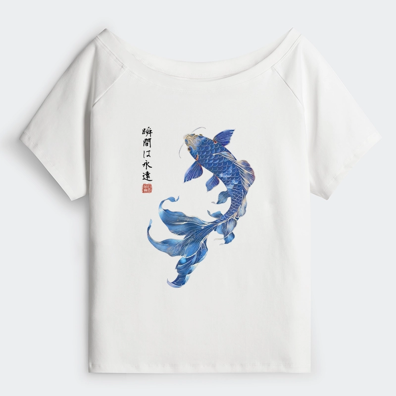 Tokyo-Tiger Lucky Blue Koi Fish Art Off Shoulder T-Shirt