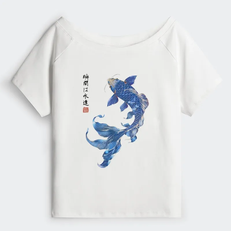 Tokyo-Tiger Lucky Blue Koi Fish Art Off Shoulder T-Shirt