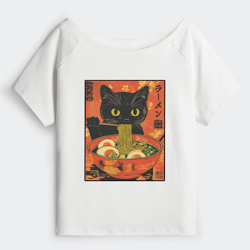 Tokyo-Tiger Hungry Black Cat Loves Ramen Off Shoulder T-Shirt