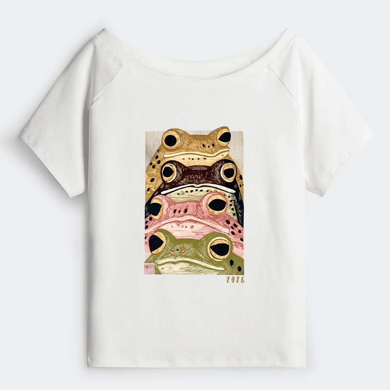 Tokyo-Tiger Whimsical Multi Colored Frog Art Off Shoulder T-Shirt
