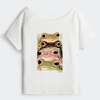 Tokyo-Tiger Whimsical Multi Colored Frog Art Off Shoulder T-Shirt