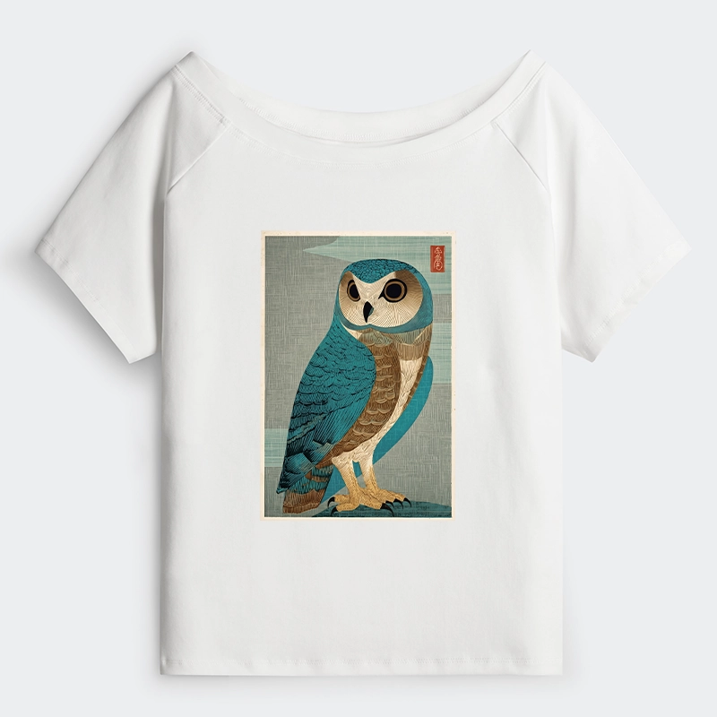 Tokyo-Tiger Vintage Owl Woodblock Art Off Shoulder T-Shirt
