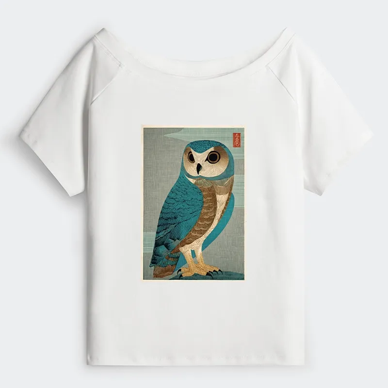 Tokyo-Tiger Vintage Owl Woodblock Art Off Shoulder T-Shirt Sale