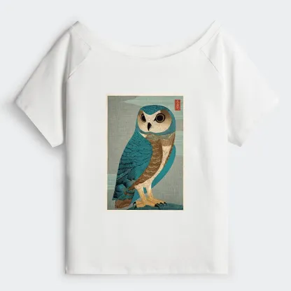 Tokyo-Tiger Vintage Owl Woodblock Art Off Shoulder T-Shirt
