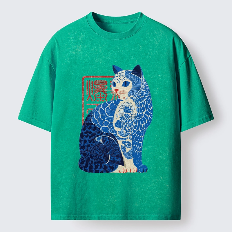 Tokyo-Tiger Blue And White Cat Print Art Washed T-Shirt