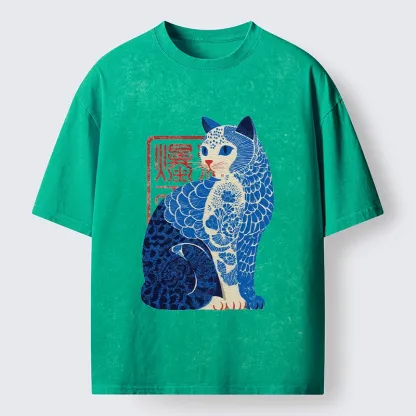 Tokyo-Tiger Blue And White Cat Print Art Washed T-Shirt