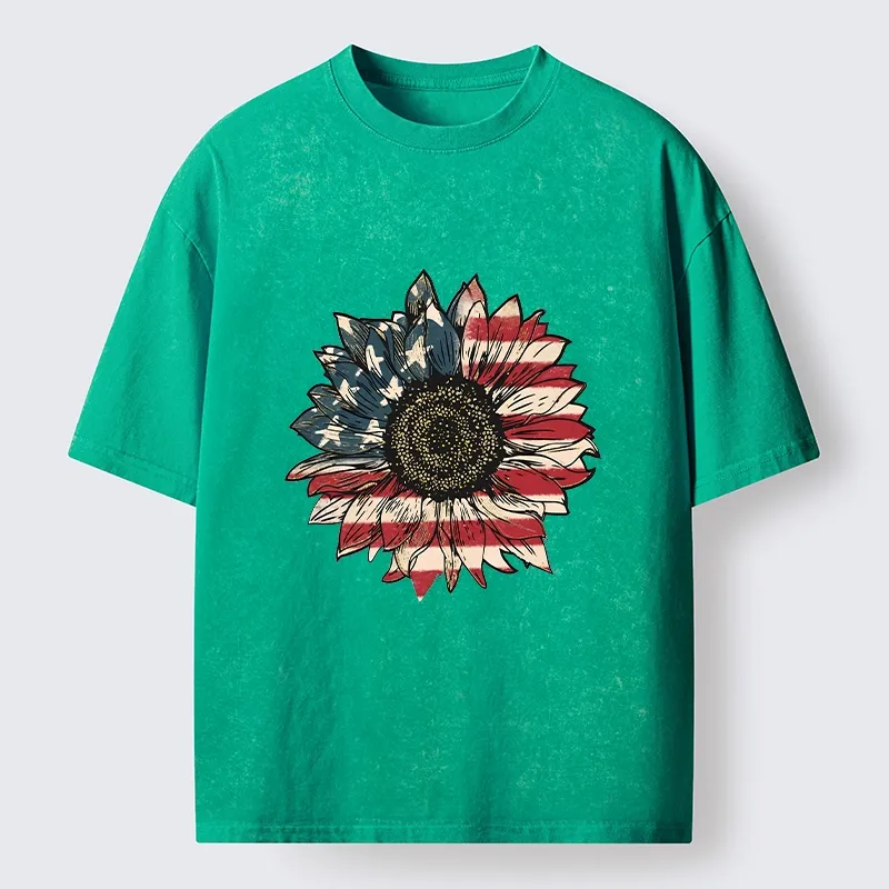 Tokyo-Tiger American Flag Sunflower Art Print Washed T-Shirt