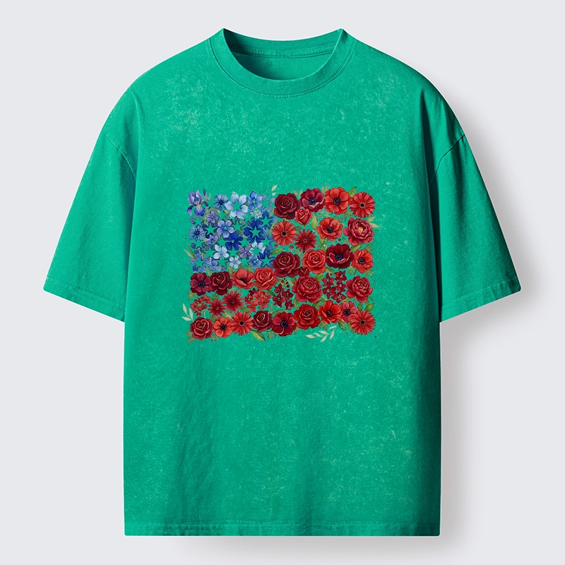 Tokyo-Tiger Floral American Flag Watercolor Art Washed T-Shirt