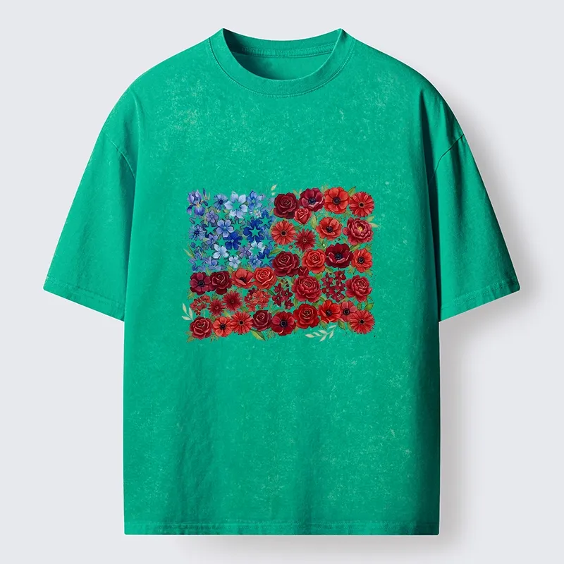 Tokyo-Tiger Floral American Flag Watercolor Art Washed T-Shirt