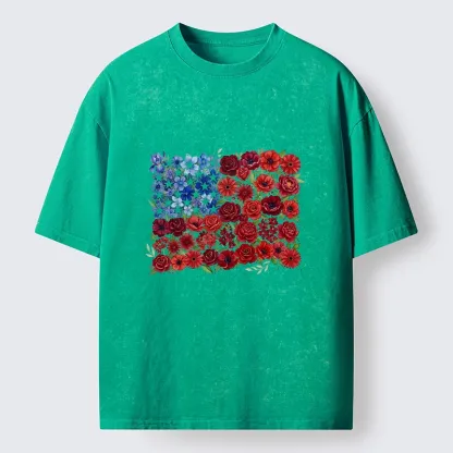 Tokyo-Tiger Floral American Flag Watercolor Art Washed T-Shirt