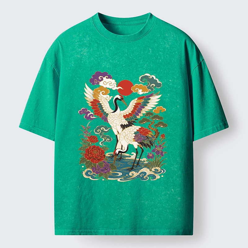 Tokyo-Tiger Traditional Japanese Cranes Art Print Washed T-Shirt