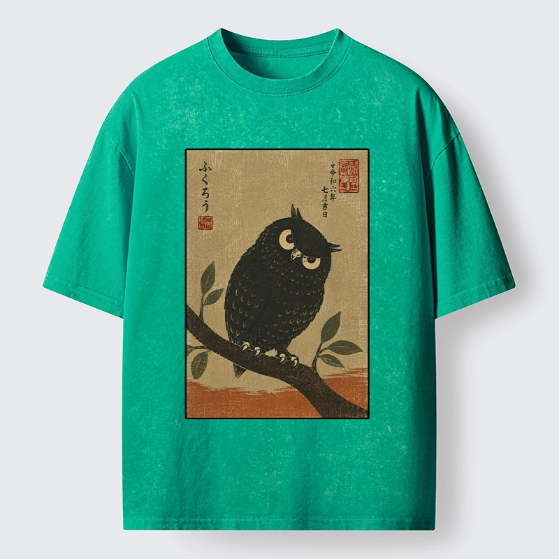 Tokyo-Tiger Traditional Black Owl Art Vibe Washed T-Shirt