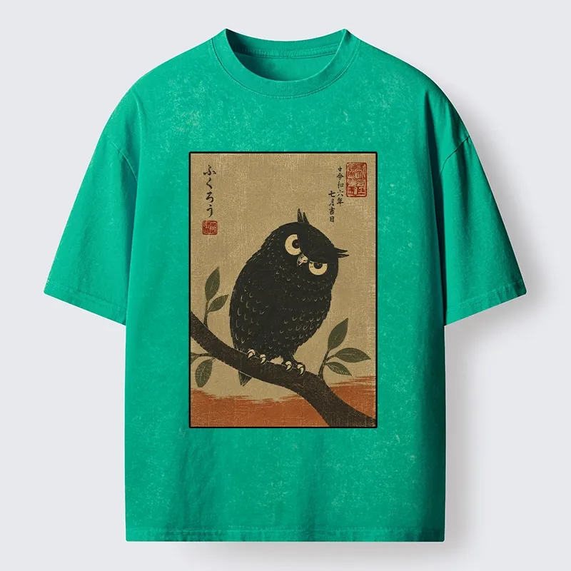 Tokyo-Tiger Traditional Black Owl Art Vibe Washed T-Shirt