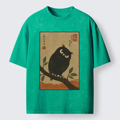 Tokyo-Tiger Traditional Black Owl Art Vibe Washed T-Shirt