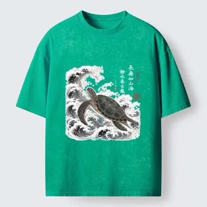 Tokyo-Tiger Lucky Turtle With Calligraphy Art Washed T-Shirt