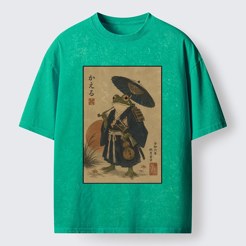 Tokyo-Tiger Cool Frog Samurai In Kimono Washed T-Shirt