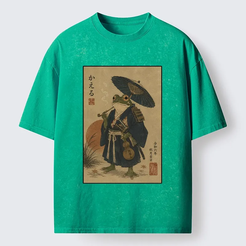 Tokyo-Tiger Cool Frog Samurai In Kimono Washed T-Shirt