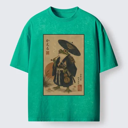 Tokyo-Tiger Cool Frog Samurai In Kimono Washed T-Shirt