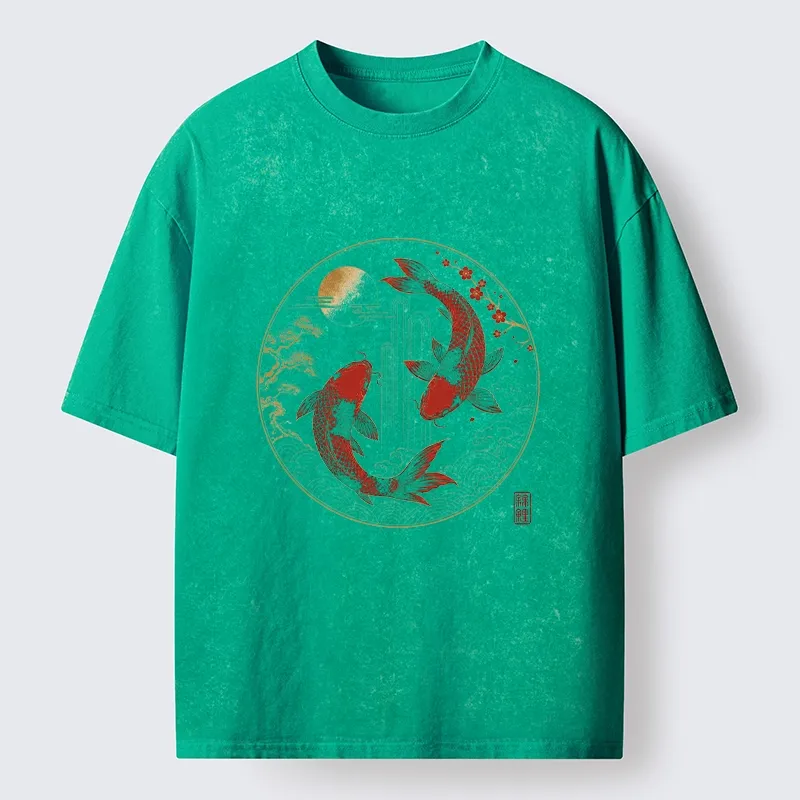 Tokyo-Tiger Lucky Koi Fish With Cherry Blossoms Washed T-Shirt