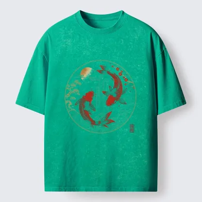 Tokyo-Tiger Lucky Koi Fish With Cherry Blossoms Washed T-Shirt