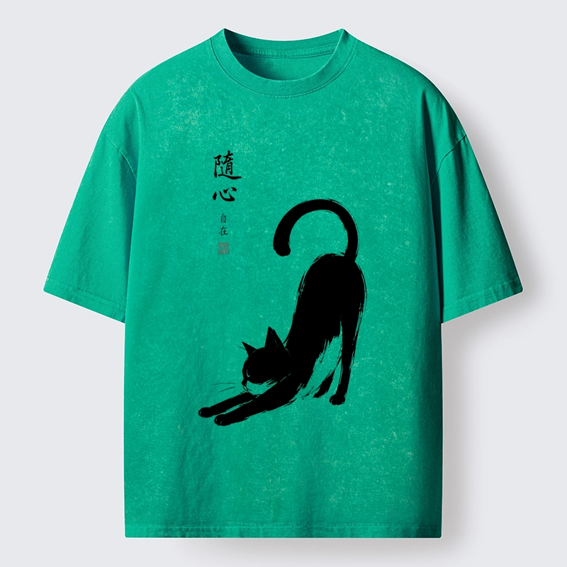 Tokyo-Tiger Zen Ink Wash Cat Stretching Art Washed T-Shirt