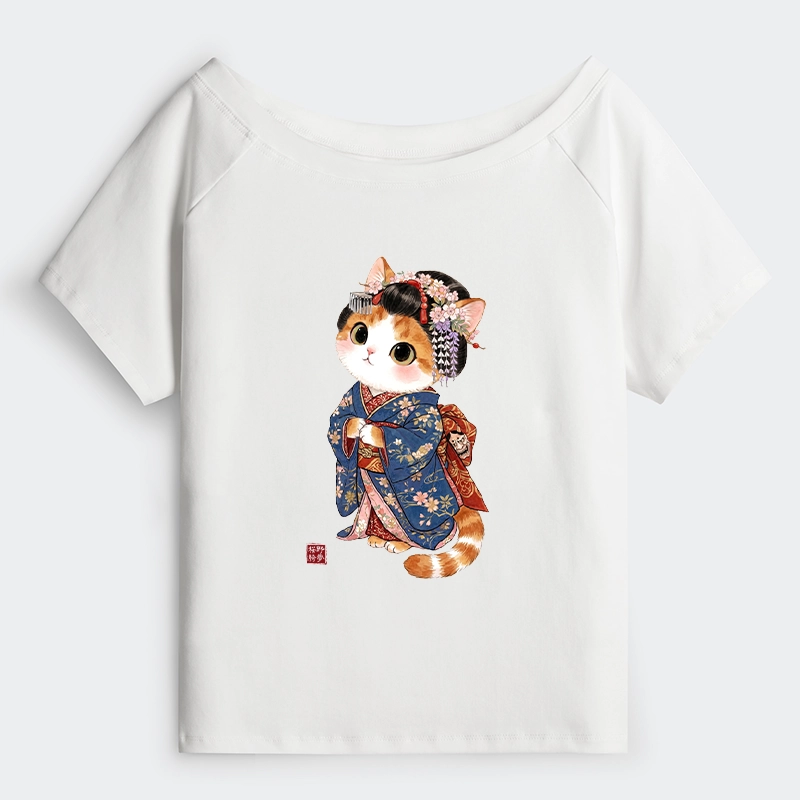 Tokyo-Tiger Cat Dressed As A Geisha Funny Off Shoulder T-Shirt