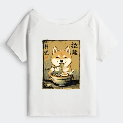 Tokyo-Tiger Happy Shiba Eating Ramen Off Shoulder T-Shirt