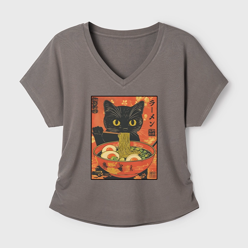 Tokyo-Tiger Hungry Black Cat Loves Ramen Modal Dolman Sleeve T-Shirt