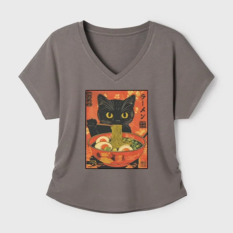 Tokyo-Tiger Hungry Black Cat Loves Ramen Modal Dolman Sleeve T-Shirt Sale