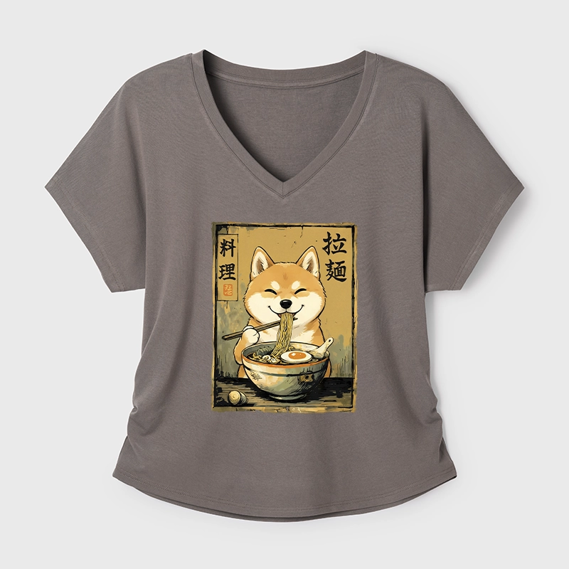Tokyo-Tiger Happy Shiba Eating Ramen Modal Dolman Sleeve T-Shirt