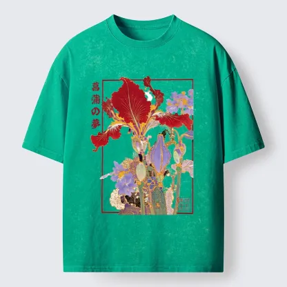Tokyo-Tiger Antique Japanese Iris Flower Painting Washed T-Shirt