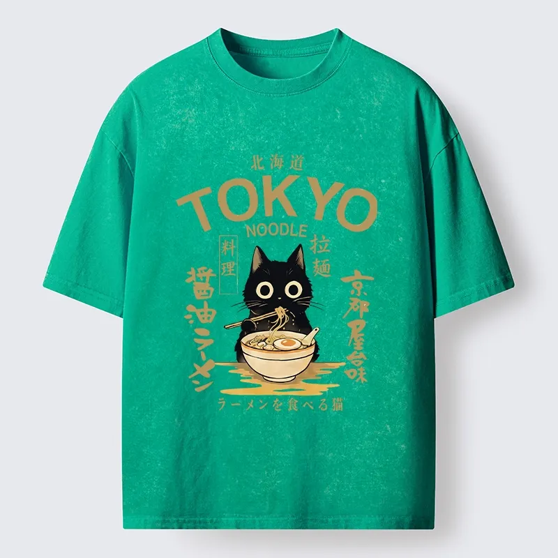 Tokyo-Tiger Black Cat Enjoys Warm Ramen Bowl Washed T-Shirt