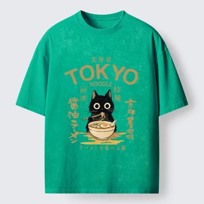 Tokyo-Tiger Black Cat Enjoys Warm Ramen Bowl Washed T-Shirt